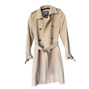 EVER NEW Tan Long Line Felt Wool Like Double Breast Belted Trench Coat Size 6